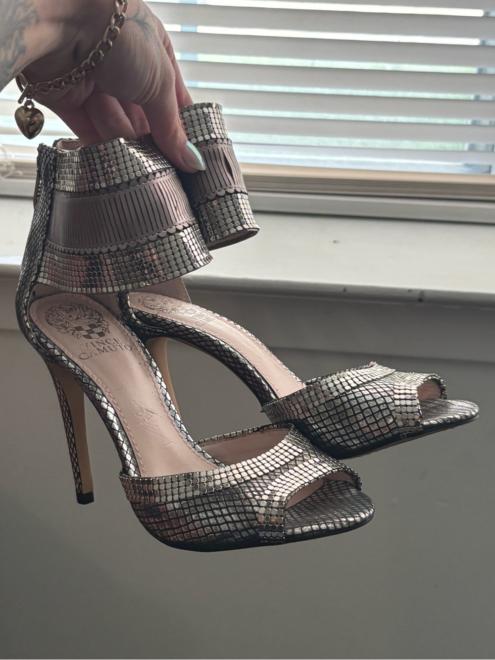 Vince Camuto Silver Mosaic Ankle-Cuff Stiletto Sandals